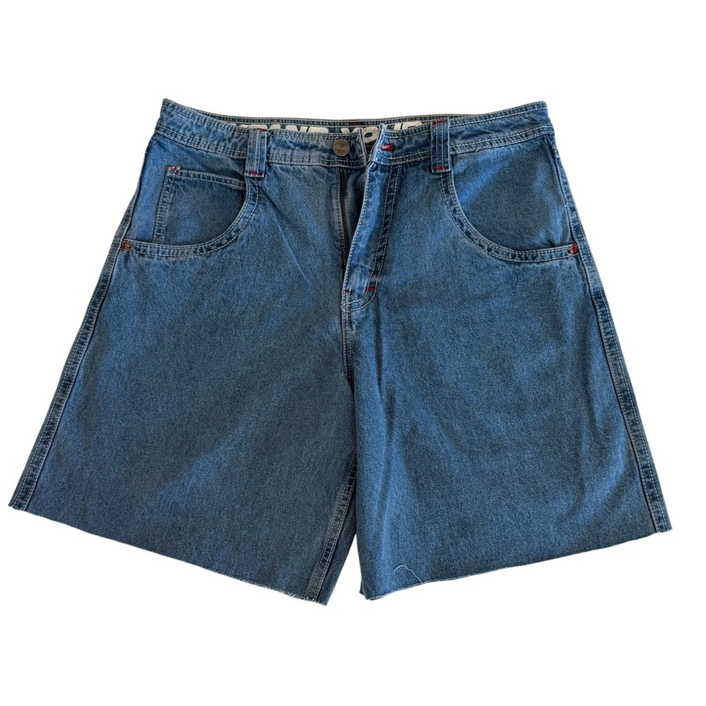 A-Lab Men's Blue Denim‎ Baggy Shorts Size 34 Y2K Bunny Embroidered Raw Hem Skate